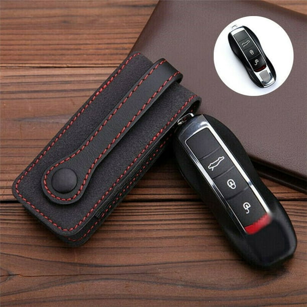Black Genuine Leather Key Cover Case Chain For Porsche Cayenne Panamera Cayman